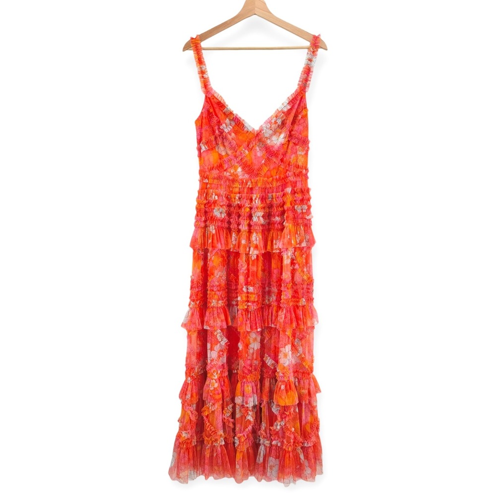 NWT Mac Duggal Orange Sleeveless Floral Ruffle A-Line Maxi Dress - Size 8 - Picture 5 of 14